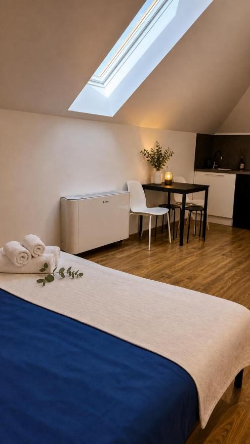 Apartmán Lípa — jídelní kout s kuchyňskou linkou pod střešním oknem