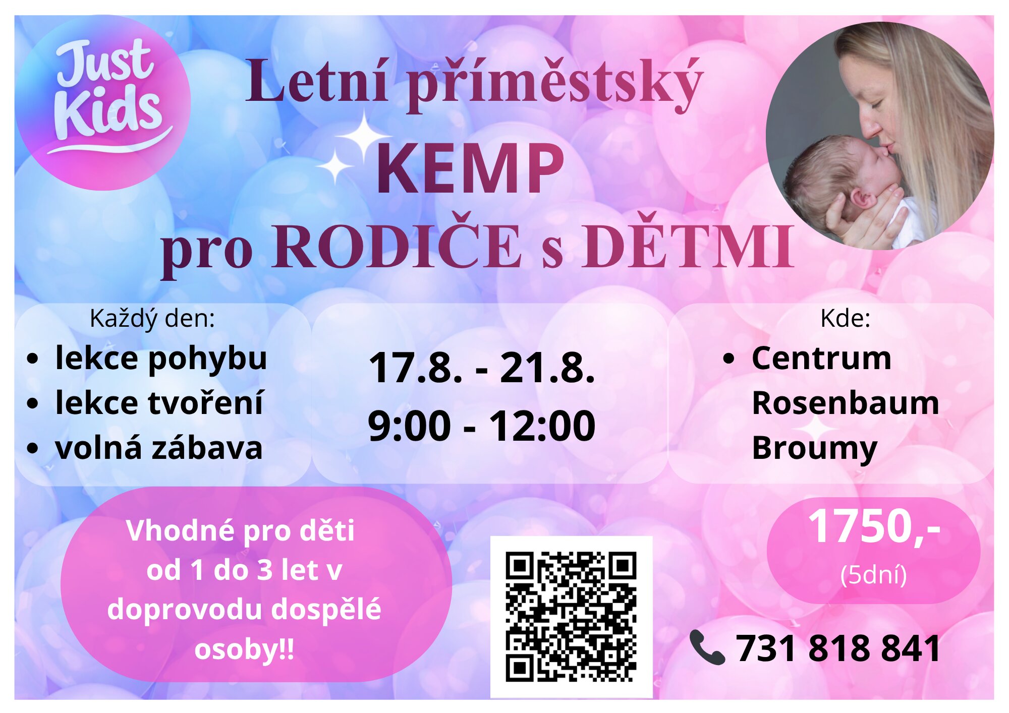 Plakát letního příměstského kempu pro rodiče s dětmi — 17.–21. 8. 2026, 9:00–12:00, 1 750 Kč za 5 dní